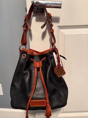 Dooney & Bourke Black Leather Drawstring Hobo with Brown Trim